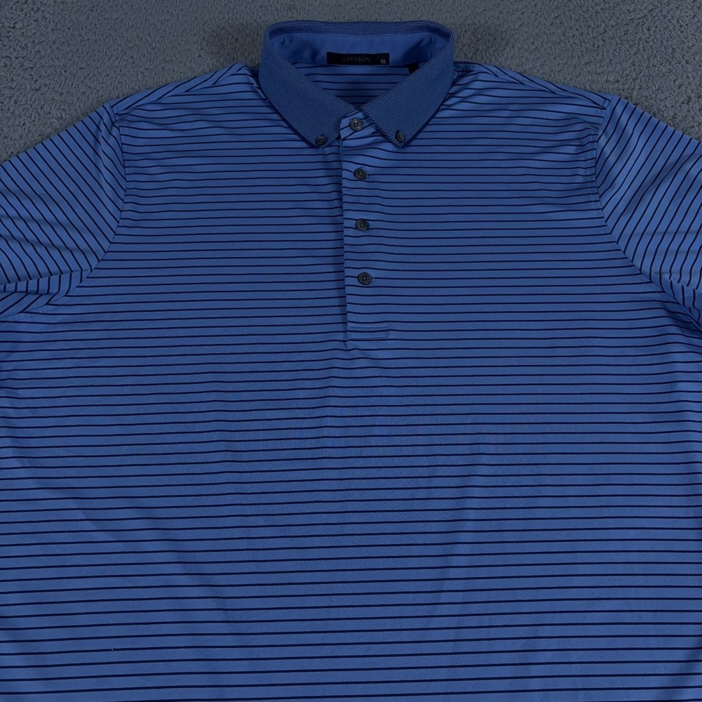 Greyson Polo Shirt Mens XL Blue Striped Golf Performance Button Down Preppy Logo